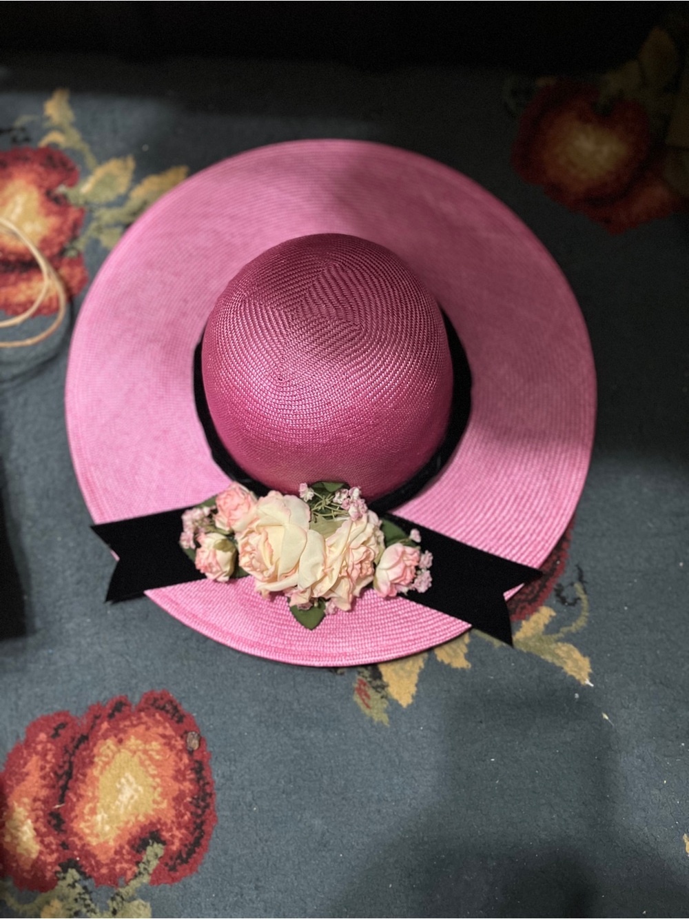 A Plaza Suite by Betmar - A Wide-Brim Pink Floral Sun Hat with Black Ribbon
